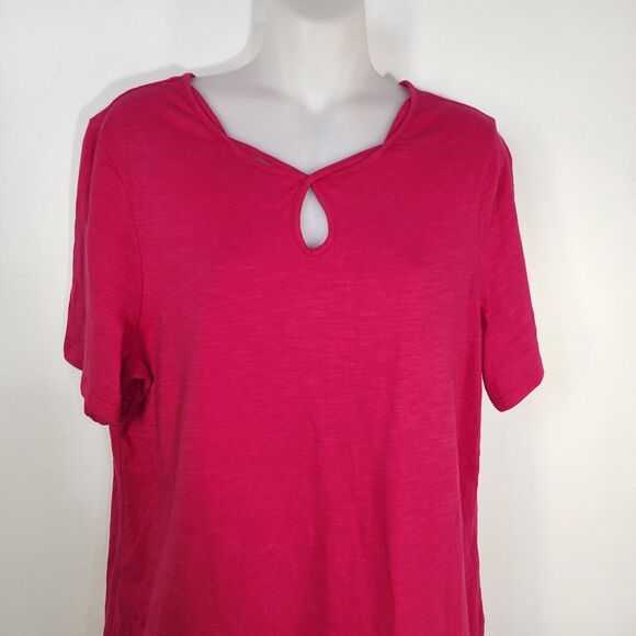 Chico's Womens Top Size 1 Medium Fancy Keyhole Neckline Pink Cotton Short Sleeve - Picture 3 of 10
